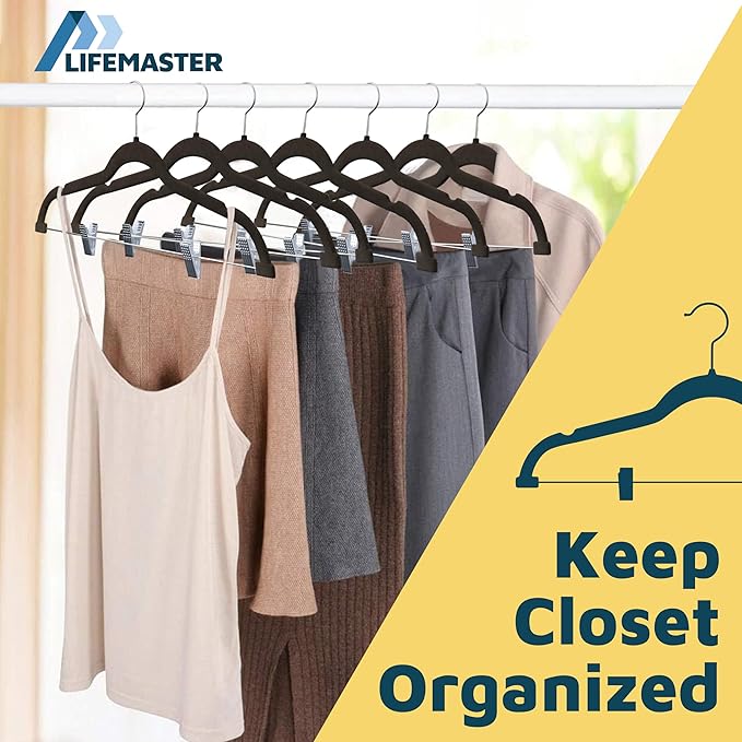 Velvet Skirt Hangers – with Adjustable Clips, 360 Degree Swivel Hook, and Non-Slip Shoulder Notch, Holds Up to 10 lbs, for Organizing Skirt, Pants, Dress, and Clothes, Pack of 10, Brown