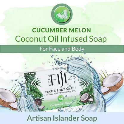 Coco Fiji Soap Bar for Face and Body Infused With Organic Coconut Oil, Cucumber Melon, Essential Oil, Natural Soap for Moisturizing & Pore Purifying Skin, 7 oz,Pack of 2