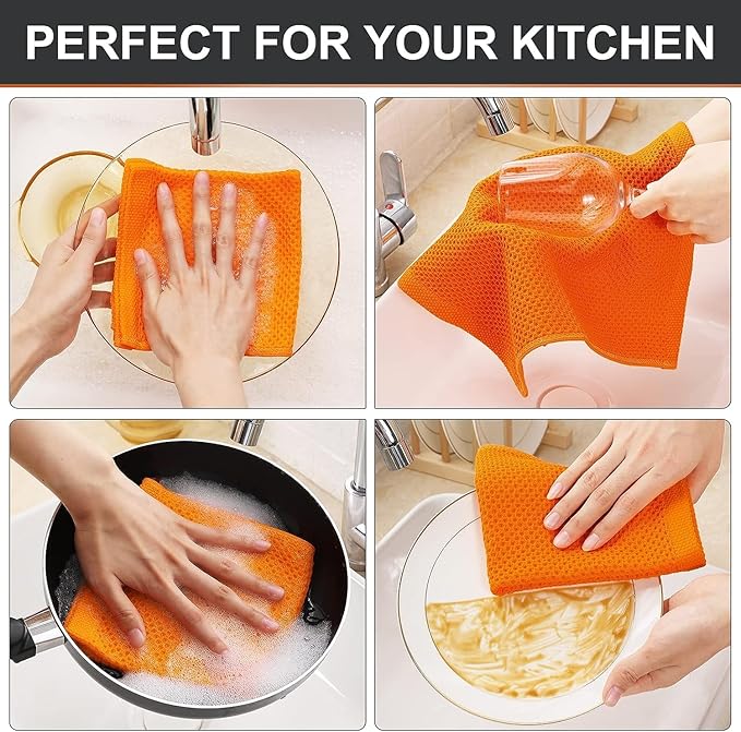 Kitinjoy 100% Cotton Kitchen Dish Cloths, 12 Pack Waffle Weave Ultra Soft Absorbent Dish Towels for Drying Dishes Quick Drying Kitchen Towels Dish Rags, 12 X 12Inch, Orange