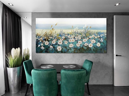 Arjun Flower Wall Art Bedroom Wall Decor, Oversize Extra Large Canvas White Daisy Floral Painting Landscape Picture Art Work for Living Room Textured Office Home Dining Room, Oversized 58"x29"