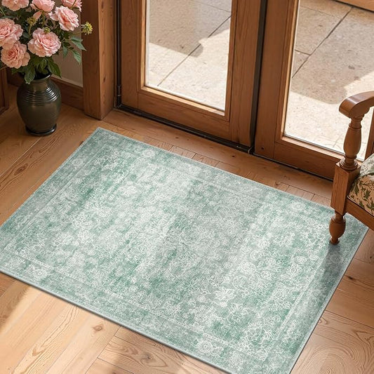 jinchan 2x3 Washable Rug for Entryway - Kitchen Mats Vintage Floral Ultra-Thin Low Pile Soft Throw Small Non-Slip Distressed Doormat Accent Rug for Entrance Bathroom Bedroom (2'x3',Green)