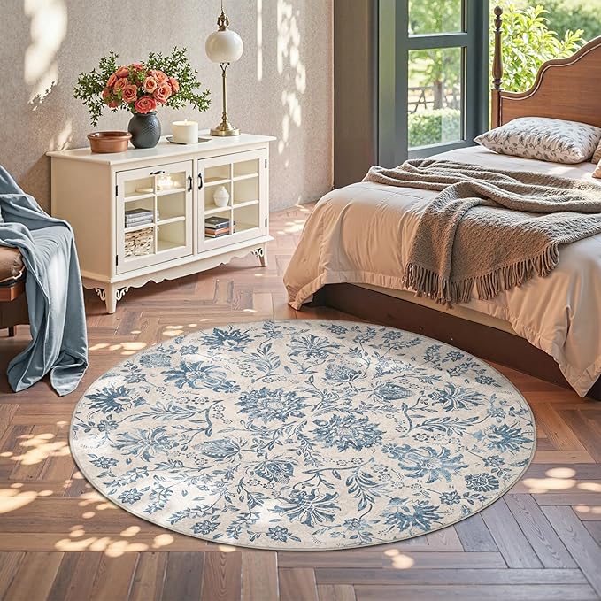 jinchan Classic Floral Round Rug 6ft, Vintage-Inspired Design 6’Circle Rug, Machine Washable Ultra-Thin Low-Pile Non-Slip Indoor Carpet for Bedroom Dining Room Living Room Entryway, Dark Blue