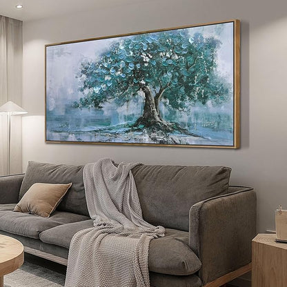 Ardemy Framed Tree Canvas Wall Art for Living Room Teal Tree of Life Landscape Bedroom Pictures Wall Decor Nature Paintings Artwork for Walls Home Office Dining Room Kitchen 40"x20"