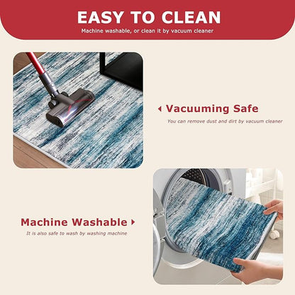 KOZYFLY Modern Abstract Hallway Runner Rug, 2x6 Washable Rug Runner Non-Slip Soft Striped Kitchen Runner Rugs, Print Blue Carpet Runner for Entryway Bathroom Laundry Room Foyer
