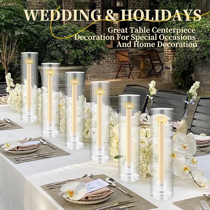 6pcs Hurricane Glass Candle Holders for Candlesticks,Large Glass Hurricane Candle Holder Bulk,Taper Hurricane Candle Holder with Cover and Heavy Base for Wedding Party Christmas