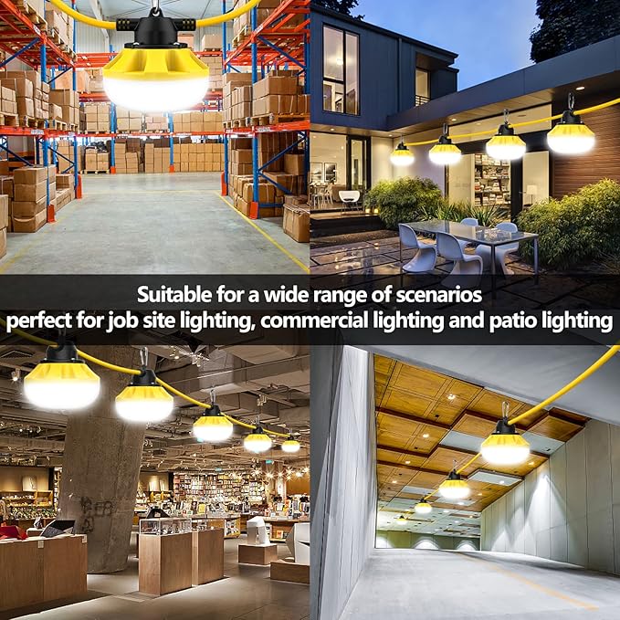 200FT Construction String Lights LED Industrial Grade Best for Construction Sites, Renovation, Walkways,Patio，Mine cave, Outdoor, and Other Outdoor Lighting Solutions Use,Free for Climbing Hook