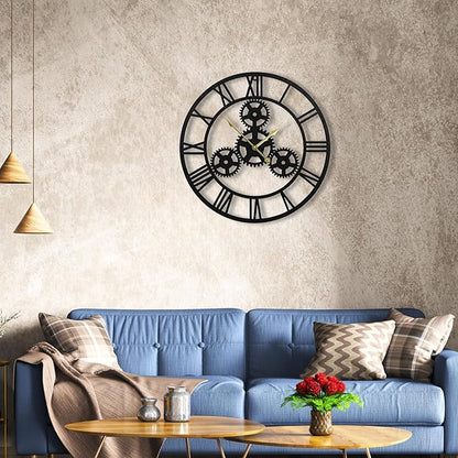 20inchesWall Clocks for Living Room Deco Metal Non Ticking Silent Battery Operated Roman Numeral Oversized Gear Wall Clocks for Bedroom Kitchen Fireplace Office Farmhouse