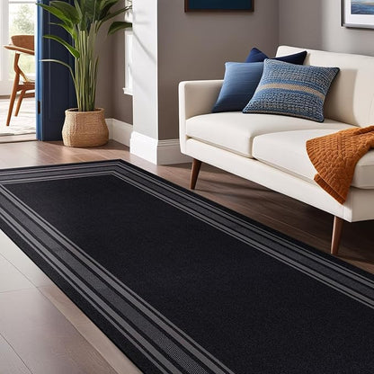 Modern Bordered Non Slip Indoor Runner Rugs for Living Room 2x7 Area Rugs for Kitchen, Rug for Bedroom, and Hallway, Stain Resistant Easy Cleaning Non Shedding Black 2 x 7