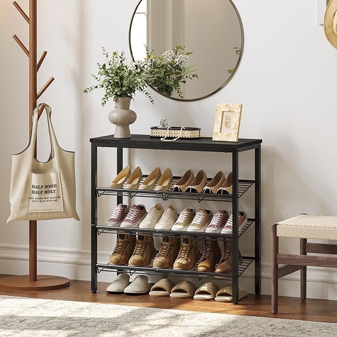 Shoe Rack for Closet,4 Tier Shoe Organizer for Entryway,Shoe Shelf with Storage Shelves and Spacious Top,Max Holds 16 of Shoes,Black