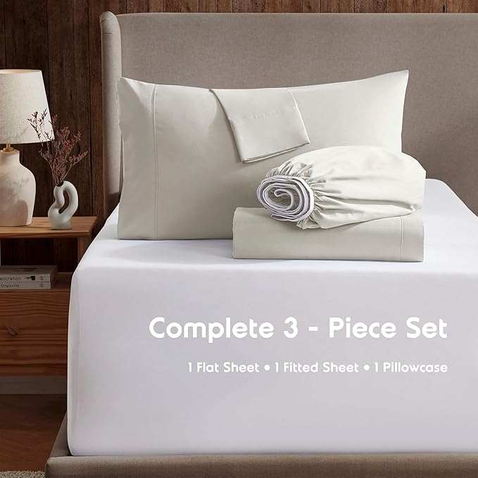 Nestl Twin Sheet Set - 1800 Ultra-Soft Microfiber Twin Bed Sheets - Double Brushed - Deep Pockets - Easy Fit - Extra Soft - 3 Piece Set - Bedding Sheets & Pillowcases (Twin, Off White)