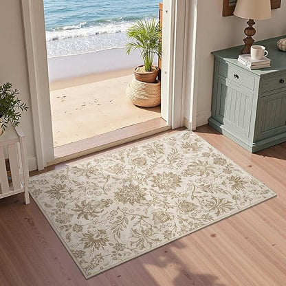 jinchan 2x3 Washable Rugs for Entryway, Vintage-Inspired Floral Neutral Design Non-Slip Low-Pile Doormat, Ultra-Thin Indoor Traditional Accent Carpet for Entrance Kitchen Bathroom Bedroom, Taupe
