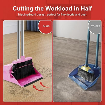 Broom with Dustpan Combo Set, 51'' Broom and Dustpan Set, Brooms and Dust Pan with Handle, Brooms with Standing Dustpans, House Broom for Pets Hair and Floor Cleaning - Pink