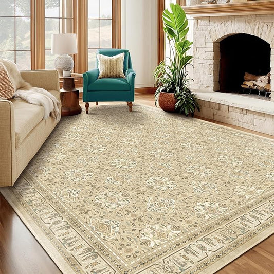 Boho 8x10 Rugs for Living Room Bedroom, Washable Area Rugs for Dining Room Non Slip, Floral Moroccan Pattern Printed Carpet Rug Low Pile Thin for Nursery Playroom Kids Room, Warm Beige