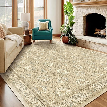 Warm Beige 9x12 Living Room Rug, Large Area Rug Washable Non Slip Low Pile Ultra Thin, Neutral Boho Floral Moroccan Pattern Printed Carpet Rug for Bedroom Dining Room