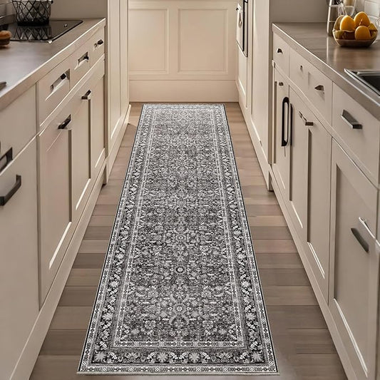 OPPODREAM Thin Vintage Black 2x8 Runner Rug, 2 x 8 Retro Washable Rug Non Slip, Low-Pile Faux Wool Carpet, Distressed Floor Mat for Kitchen, Hallway, Entry-Way, Entrance, Indoor Back Door