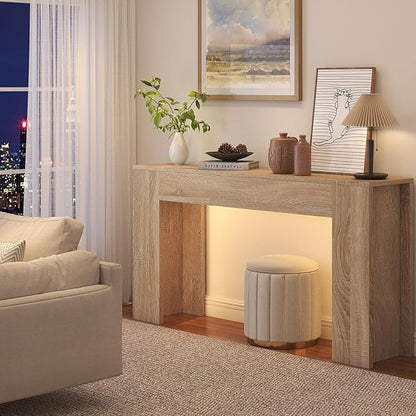 63-Inch Long Console Table with LED Light, Farmhouse Sofa Table Behind Couch, Wooden Console Table for Entryway Hallway Entrance Living Room, Nature