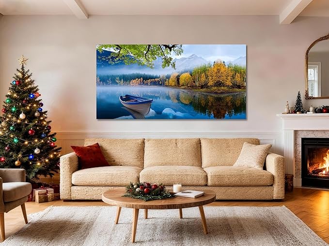 Arjun Lake Canvas Wall Art Blue Mountain Sky Nature Landscape Picture Boat Artwork Modern Scenic Painting Framed for Living Room Bedroom Dinning Room Home Office Wall Decor, Extra Large Size 58"x29"