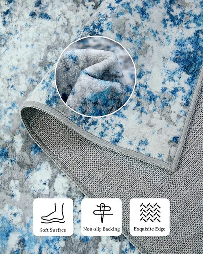 AUKOW Washable Area Rug for Living Room: 9x12 Modern Abstract Neutral Soft Rug for Bedroom Dining Room No Slip Low Pile Carpet for Nursery Home Office - Grey/Blue