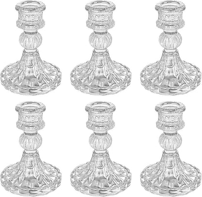 Glass Candlestick Holder,Striped Taper Candle Holders,Set of 6 Candle Stand for Table Centerpieces, Home Decor,Weddings,Festival and Parties (Clear Stripe Pattern)