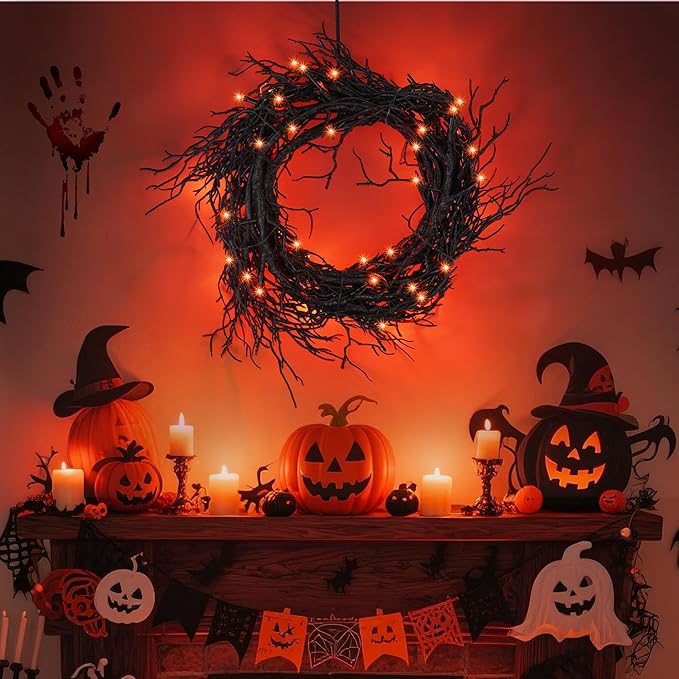 6 FT Halloween Black Garland Willow Vine Twig Decor with Orange Light, 8 Modes & Timer Battery Operated Waterproof Halloween Decorations Indoor for Mantle Fireplace Home Party Decor