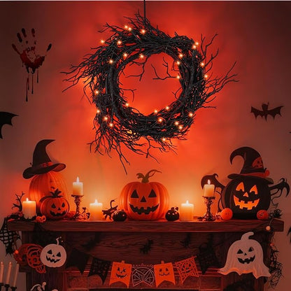 6 FT Halloween Black Garland Willow Vine Twig Decor with Orange Light, 8 Modes & Timer Battery Operated Waterproof Halloween Decorations Indoor for Mantle Fireplace Home Party Decor