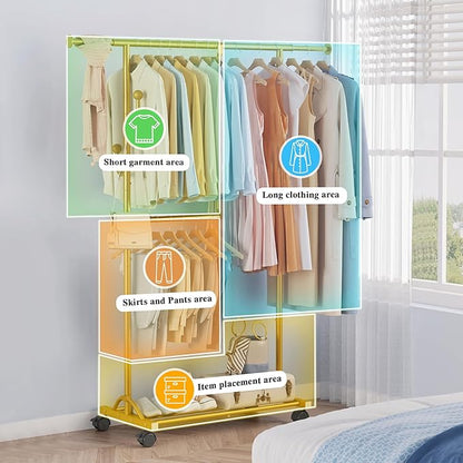 FAVOOSTY Clothes Rack for Hanging Clothes, Rolling & Extending Clothing Rack with Wheels, Garment Coat Rack Freestanding, Portable Closet Organizers and Storage Laundry Room Bedroom, Gold