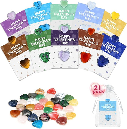 21 Pack Valentine’s Day Gifts for Kids, Valentine’s Day Cards with Heart-Shaped Crystal Gemstones for School Classroom Exchange, Valentine Party Favors&Goody Bag Fillers for Girls and Boys Ages 4–12