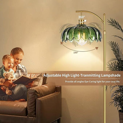Arc Floor Lamp for Living Room Gold Floor Lamp with Remote Control,Dimmable LED Floor Lamps Glass Lamp Shades Vintage Standing Lamp with 3 Color Temperature Tall Flower Lamps for Bedroom Corner