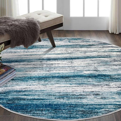 KOZYFLY Round Washable Rugs 6Ft Modern Abstract Ombre Rug for Bedroom, Washable Circle Rug Non-Slip Soft Striped Living Room Area Rug, Print Blue Carpet for Laundry Nursery