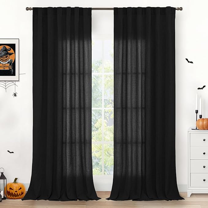 YoungsTex Black Linen Curtains 90 Inch Length for Living Room, Light Filtering Window Drapes with Rod Pocket Back Tab for Office Bedroom, 2 Panels, 52 X 90 Inch