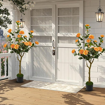 47" Artificial Camellia Tree,2 Pack Fake Flower Plants Artificial Tree with Greenery Leave, Faux Plants with Orange Flowers for Summer Modern Office Outdoor Outside Decor Front Door