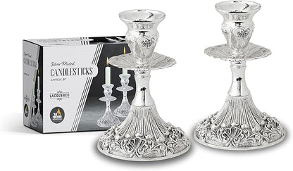 Silver Plated Candlesticks - 2 Pack Set - Pair of 5 Inch Ornate Candle Holders with Round Base and Floral Design