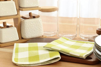 Waffle Weave Plaid Dish Cloths, 100% Cotton - 12 x 12 Inches, Ultra Soft Absorbent Quick Drying Dish Towels Buffalo Check Dish Rags for Kitchen, 8 Pack - Fall Thanksgiving - Light Green & White