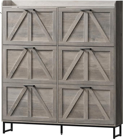 Shoe Cabinet with 6 Flip Drawers Narrow Shoe Storage Cabinet Organizer Wooden Freestanding Shoe Rack Hidden Slim Shoes Storage Cabinet for Entryway, Hallway, Living Room, Bedroom