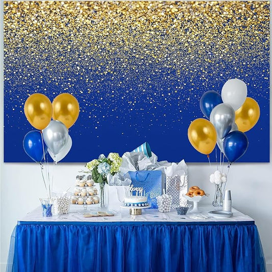 Blue and Gold Glitter Backdrop 7x5ft Elegant Photo Booth Background for Birthday, Wedding, Graduation, Anniversary & New Year Party Decorations, Luxury Event Banner