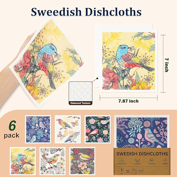 Swedish Dishcloths 6-Pack | Reusable Paper Towels Alternative | Super Absorbent & Biodegradable Kitchen Sponges & Cloths for Cleaning | 6 Vibrant Patterns (Floral and Bird Patterns)