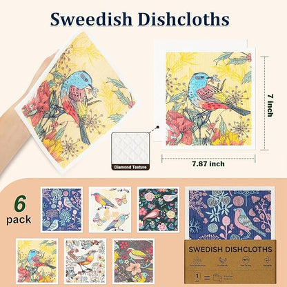 Swedish Dishcloths 6-Pack | Reusable Paper Towels Alternative | Super Absorbent & Biodegradable Kitchen Sponges & Cloths for Cleaning | 6 Vibrant Patterns (Floral and Bird Patterns)