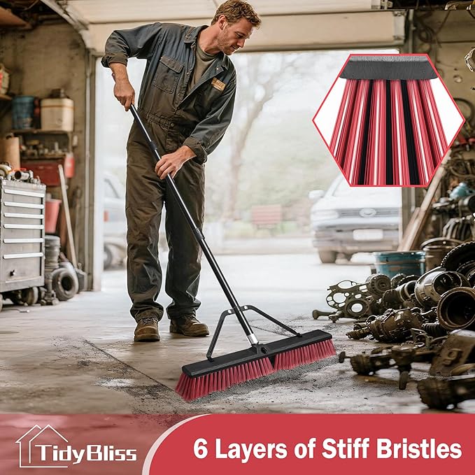 24” Push Broom Outdoor Heavy Duty, Large Commercial Stiff Bristle Brush with 63 inches Long Handle for Garage Shop Garden Yard Patio Deck Street Warehouse Lawn Driveway (Red)