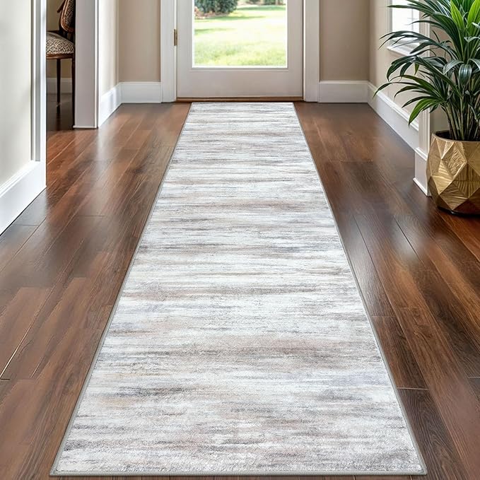 KOZYFLY Modern Abstract Hallway Runner Rug, 2x8 Kitchen Rugs Non-Slip Washable Soft Striped Kitchen Runner Rugs, Print Beige Carpet Runner for Entryway Bathroom Laundry Room Foyer