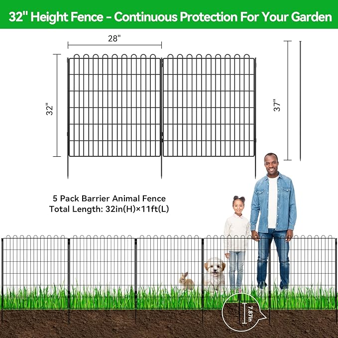 Decorative Garden Fence 5 Panels 11.8ft (L)×32in (H) Animal Barrier for Yard, Patio, Garden Borders, No-Dig Outdoor Fencing with Rustproof Metal Panels, Temporary Ground Stakes for Dogs, Rabbit