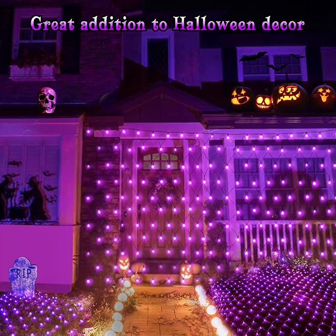 BlcTec Halloween Net Lights, 200 LED 8.2ft x 4.9ft Purple Halloween Lights with 8 Modes, Timer, Connectable, Waterproof and Green Wire Design for Trees, Bushes Outdoor Decorations