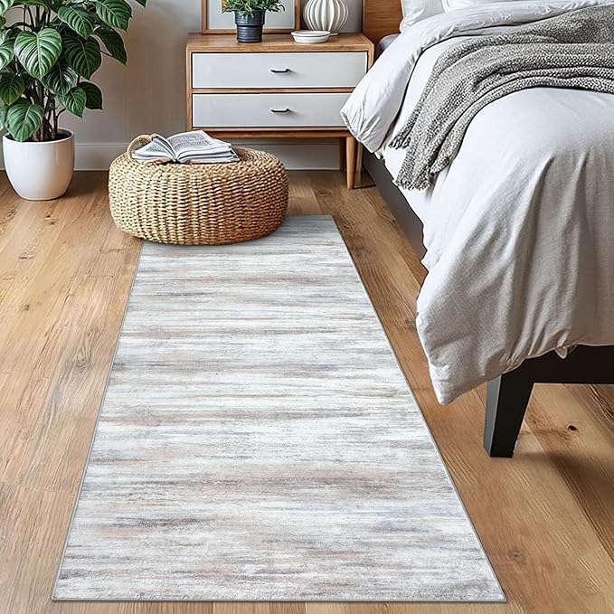 KOZYFLY Modern Abstract Kitchen Runner Rug, 2x6 Washable Rug Runner Non-Slip Soft Striped Hallway Runner Rugs, Beige Print Carpet Runner for Entryway Bathroom Laundry Room Foyer