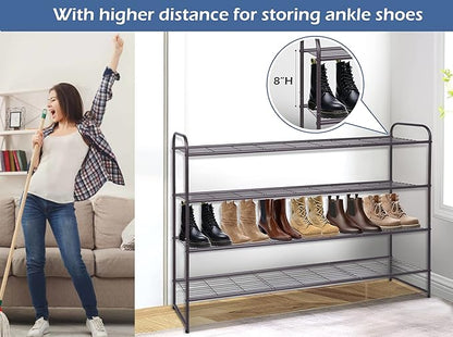 KEETDY 4-Tier Long Shoe Rack for Closet Floor, Wide Shoe Organizer Storage, Stackable Shoe Rack for Entryway Metal Shoe Shelf for 30 Pairs Men Sneakers with Wire Grid for Bedroom, Bronze