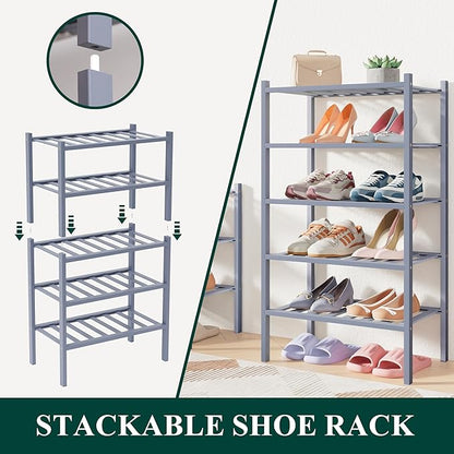 Smiry Bamboo Shoe Rack for Closet, 5 Tier Small Wooden Stackable Shoe Organizer, Free Standing Shoes Storage Shelf for Entryway, Front Door Entrance, Grey