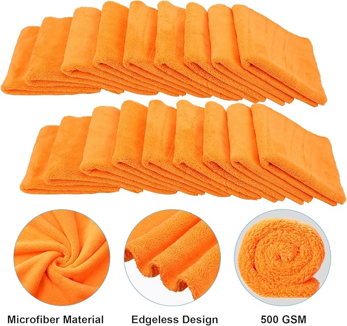 Shimeyao 30 Pcs 16 x 16 Inch Edgeless Microfiber Plush Towels for Cars Detailing Drying Wash Polishing Absorbent Cleaning Cloths, 500 GSM(16 x 16 Inch, Orange, 30 Pcs)