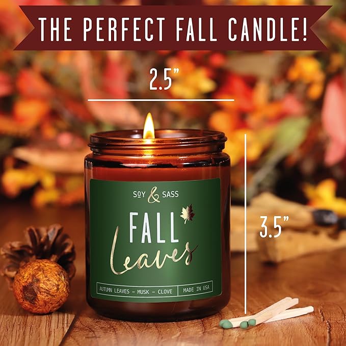 Fall Candles - 'Fall Leaves' Fall Candle w/Autumn Leaves, Clove & Musk I Infused with Essential Oils I Autumn Fall Scented Candles I Cozy Cute Fall Décor Fall Gifts I 9oz Jar I 50Hr Burn I Made in USA