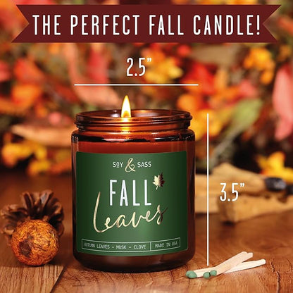 Fall Candles - 'Fall Leaves' Fall Candle w/Autumn Leaves, Clove & Musk I Infused with Essential Oils I Autumn Fall Scented Candles I Cozy Cute Fall Décor Fall Gifts I 9oz Jar I 50Hr Burn I Made in USA