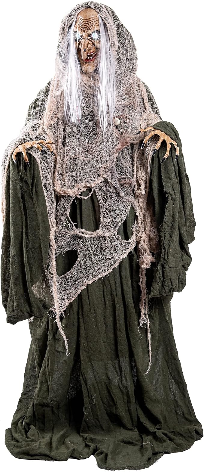 JOYIN 65" Halloween Animatronics Witch Decorations Outdoor with LED Eyes and Creepy Sound, Scary Life Size Animated Decor for Haunted House Lawn Yard