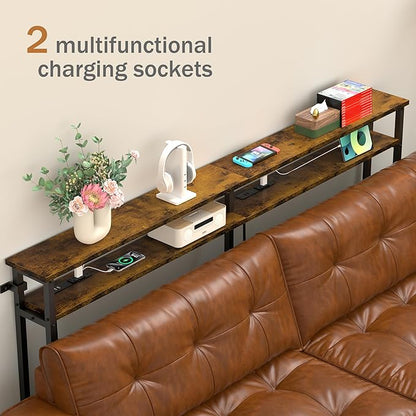78 Inch Double-Layer Narrow Console Sofa Table with 2 Power Outlets&4 AC Plugs&4 USB Ports, 4.9' Extension Cord Included, Behind Couch Table for Living Room/office Easy Assembly - Rustic Brown