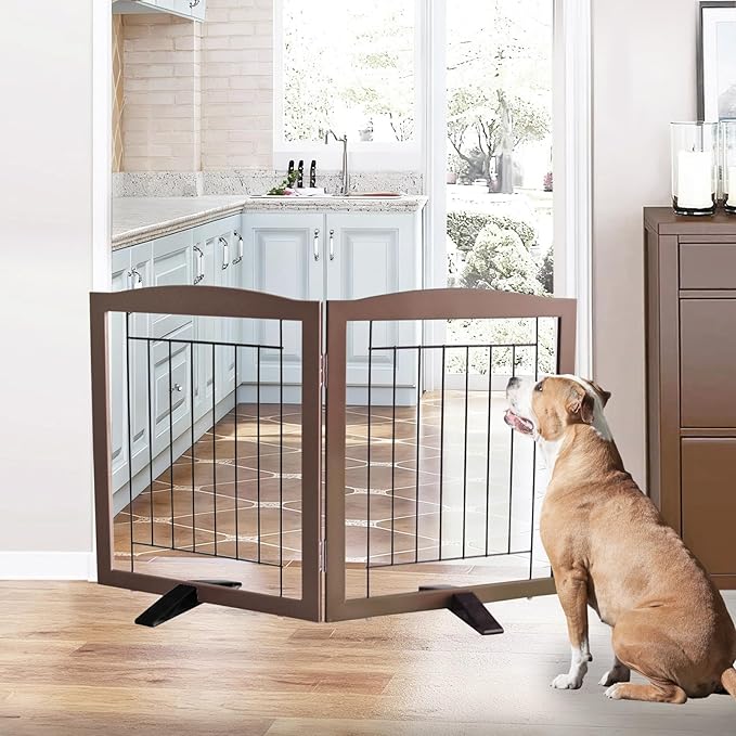 ZJSF Freestanding Dog Fence Indoor, Foldable Dog Gate for Doorways, Stairs or Hallways, Sturdy Wood Extra Wide Pet Gate with Support Feet for The House, Brown, 24 "Height-2 Panels